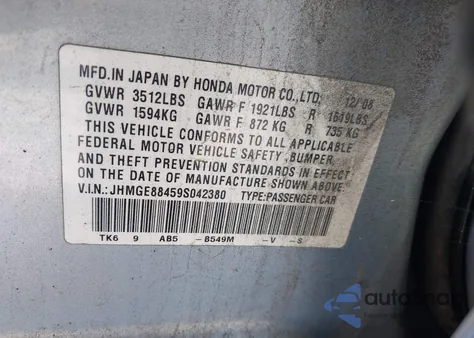 2009 Honda Fit Sport z USA, uszkodzony, nr VIN JHMGE88459S042380